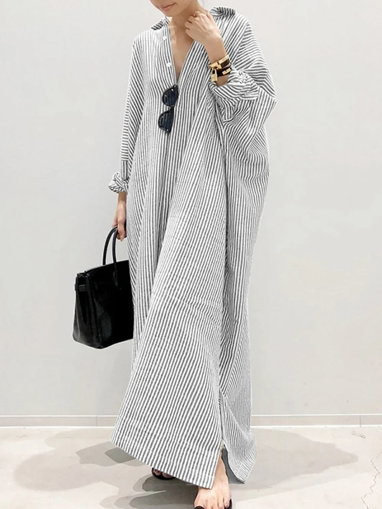 Women's maxi dress chic stripe print puff sleeves comfortable elegant silhouette all-day style