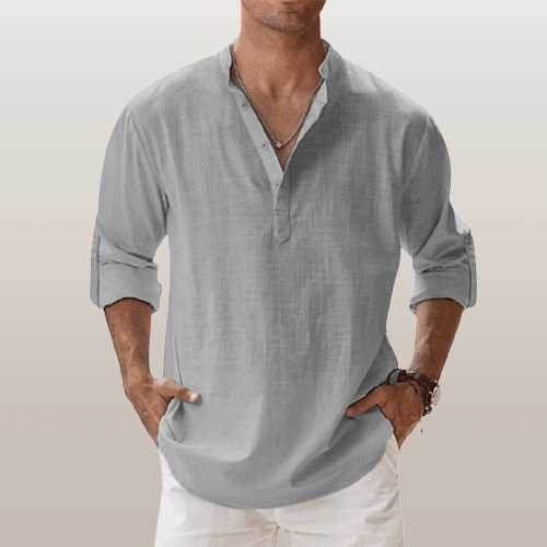 Men's linen blend Henley shirt in casual regular fit with long sleeves and button placket