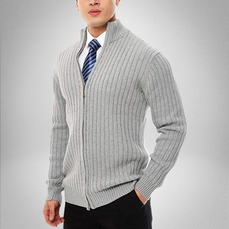 Men's slim fit wool cardigan charcoal stand collar full-zip ribbed texture modern business casual look