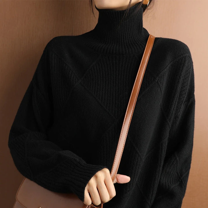 Women's diamond knit turtleneck sweater relaxed fit soft textured cozy winter layer ribbed details