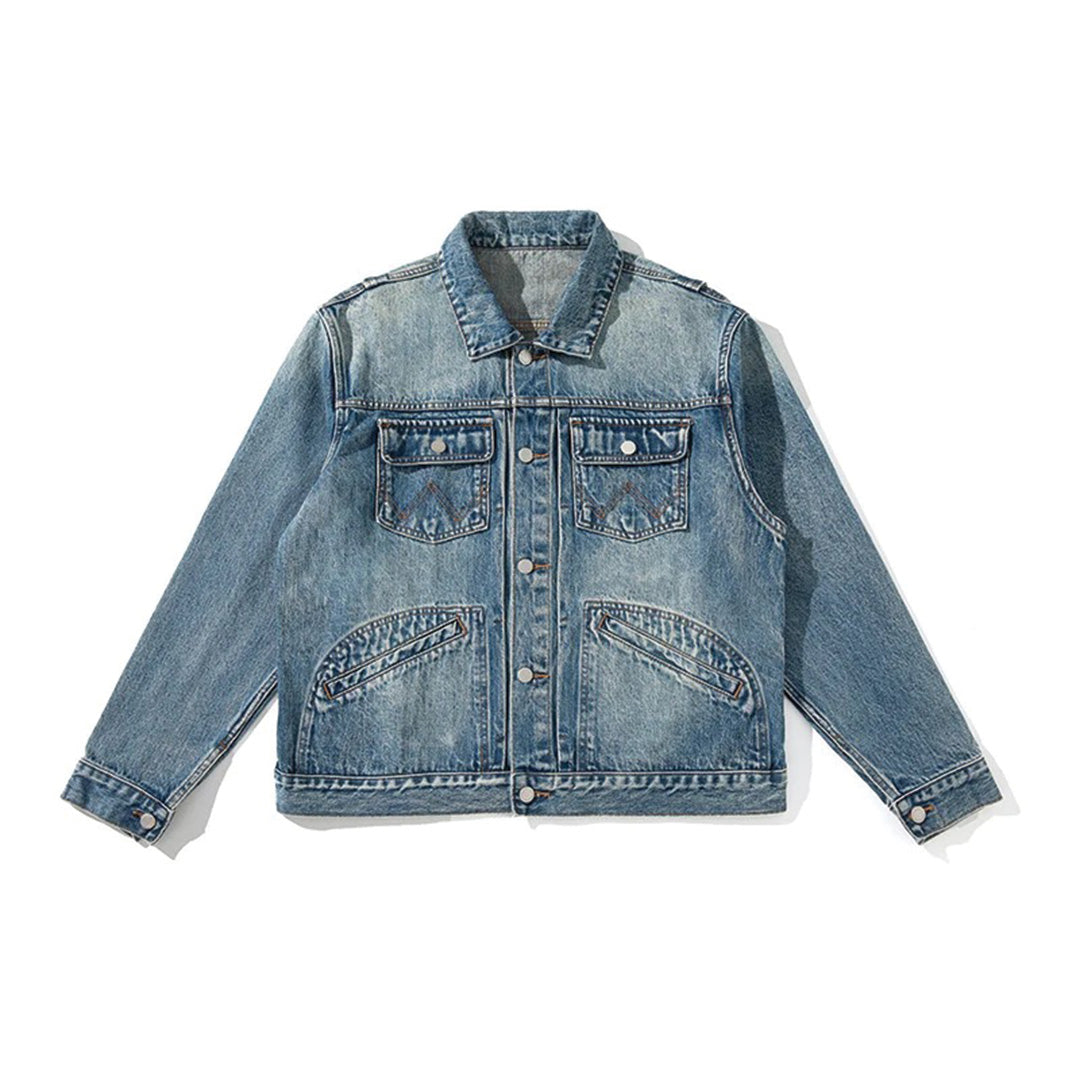 Unisex distressed washed padded denim jacket relaxed fit with rugged texture for modern wardrobes