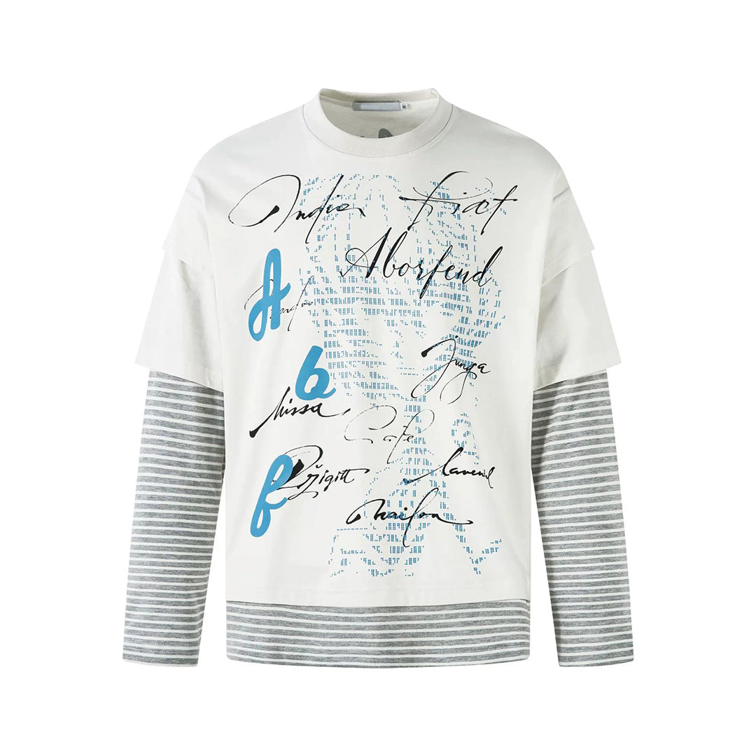 White double-layer cotton long-sleeve tee with signature cursive script graphic for a clean minimalist look