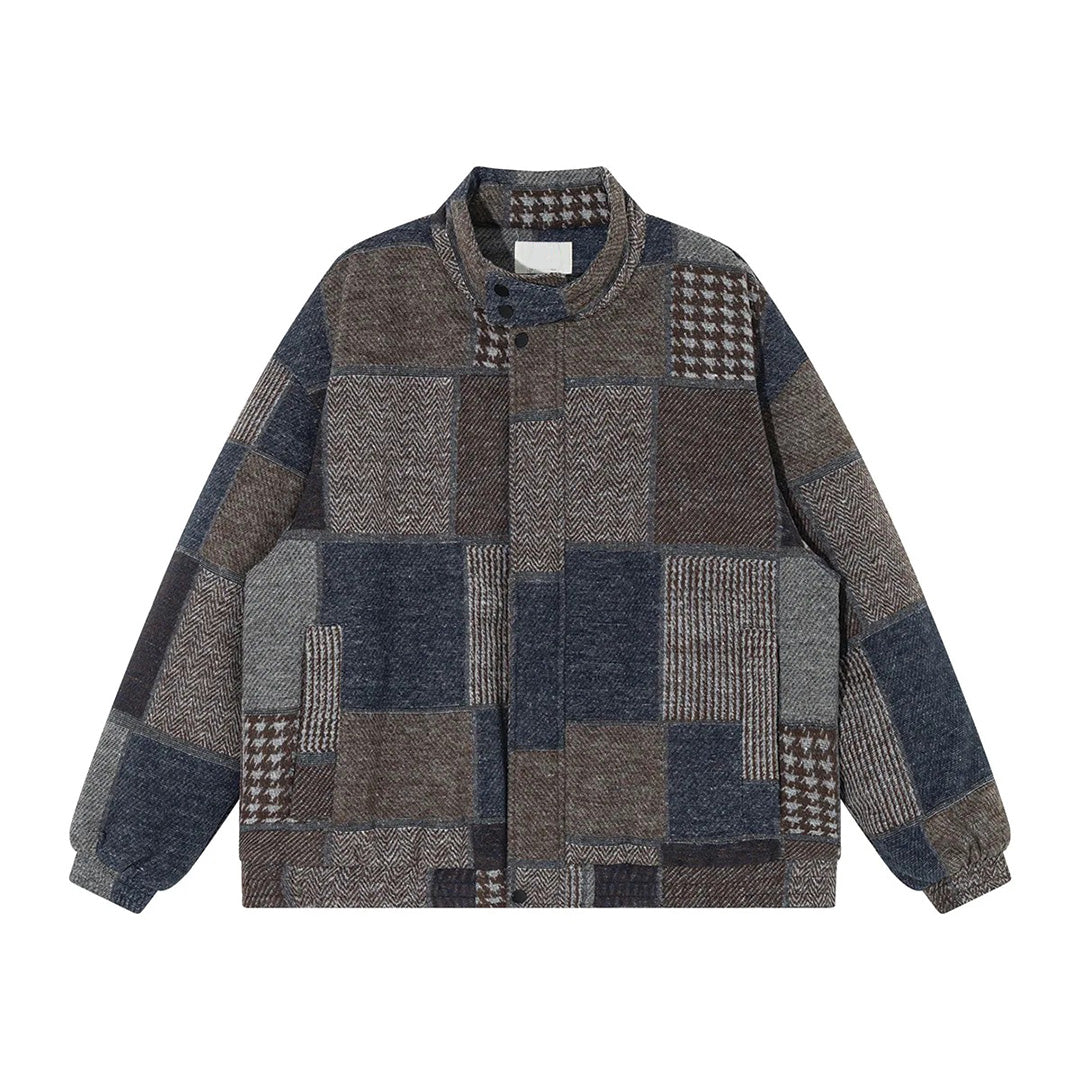 Unisex textured cotton jacket, subtle check weave, full-zip closure with kangaroo pockets, casual refined fit