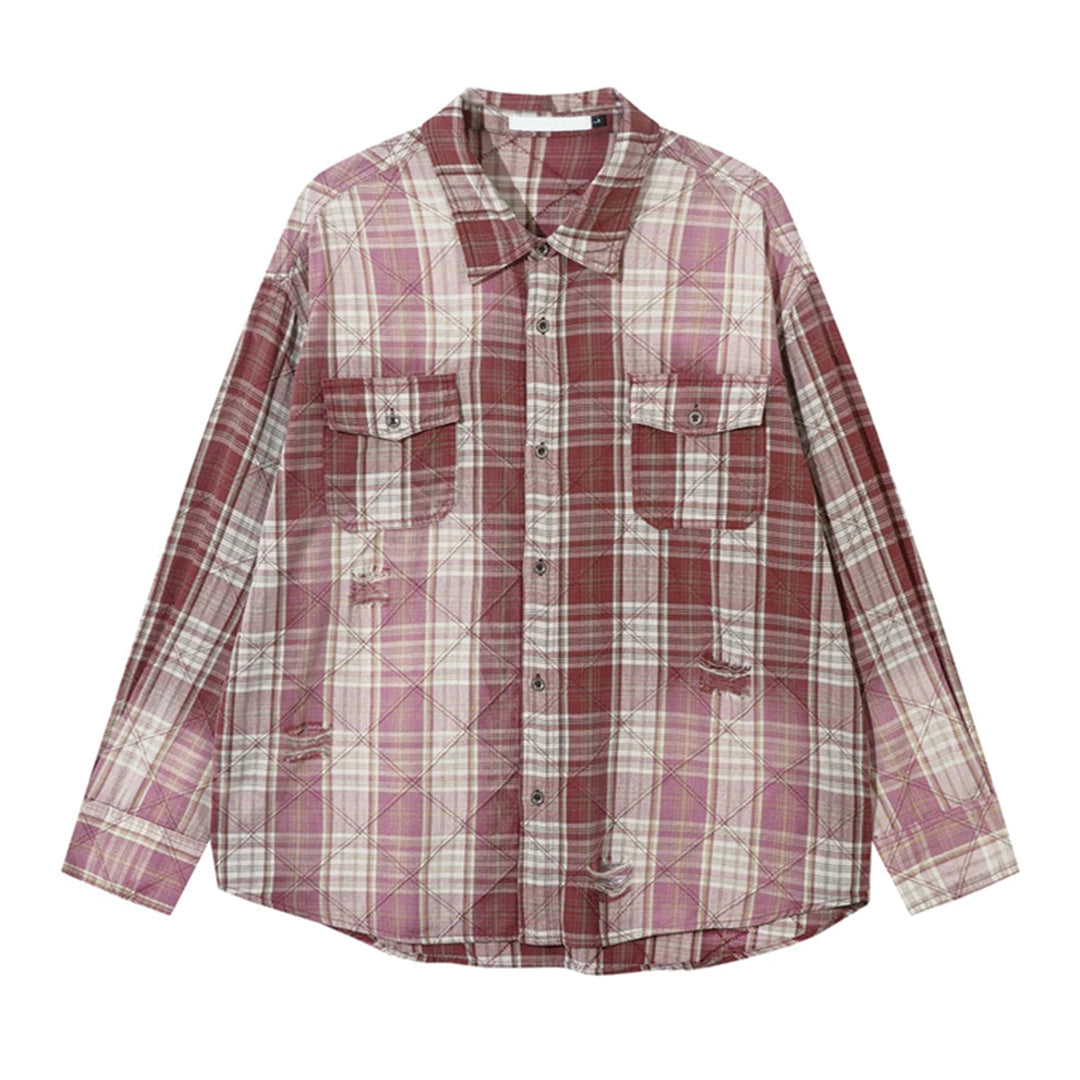 Distressed plaid cotton shirt hand-worn tears dual chest pockets regular fit casual everyday style