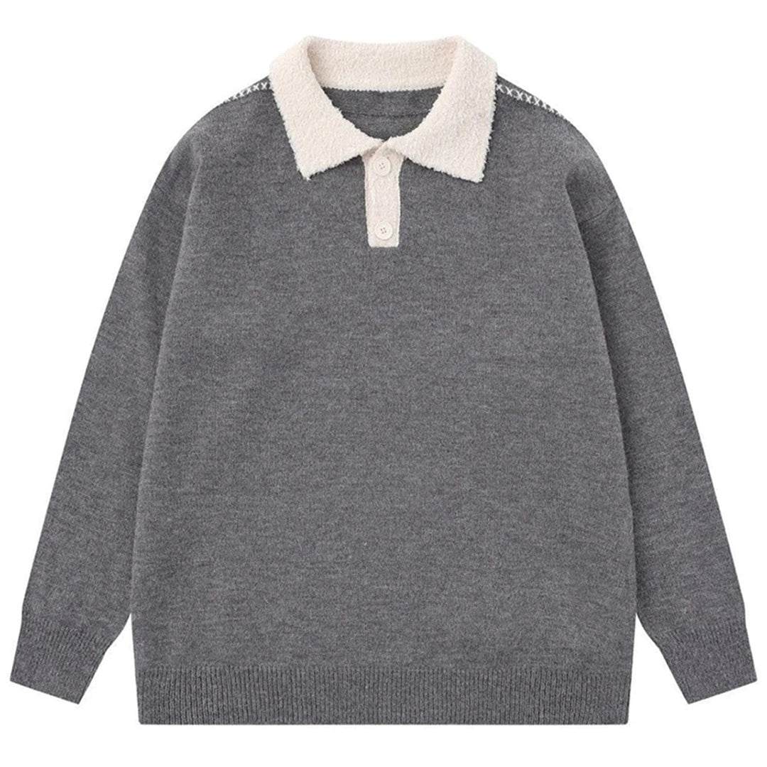 Unisex wool blend sweater with plush cream textured collar, tailored silhouette for everyday warmth