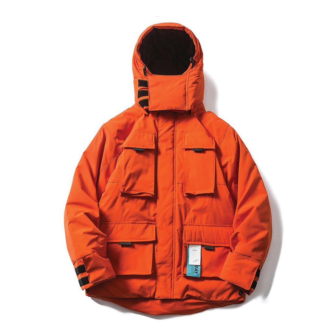 Men's black urban tech parka with detachable hood, four-pocket shell, and directional nylon construction