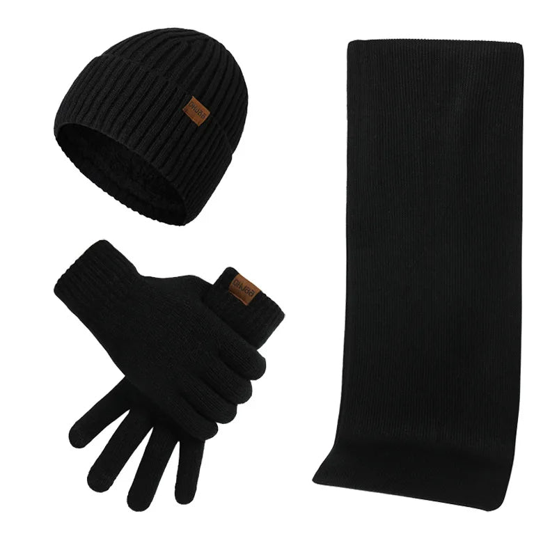 Men's navy blue winter set beanie hat scarf gloves soft cotton blend cold weather coordinated kit