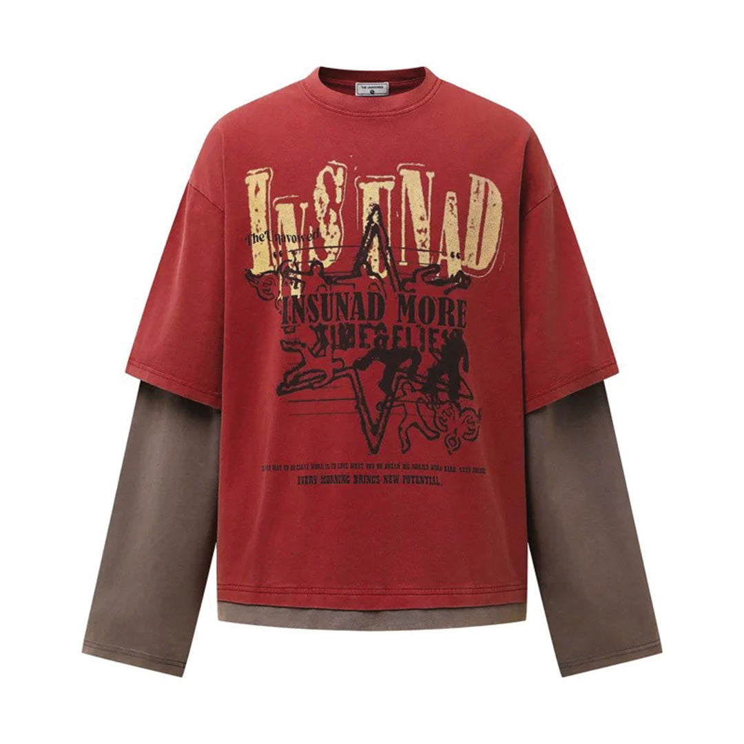 Unisex washed cotton layered t-shirt with dual-sleeve distressed graphic design and two-tone finish