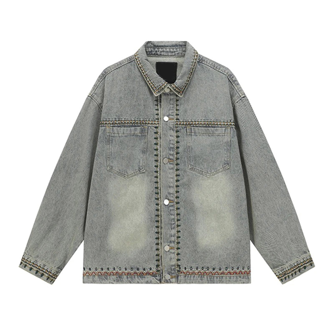 Men's heavyweight denim shirt with cashew print, tailored cut, and contrast chest pocket