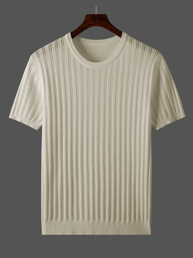 Men's ribbed ice silk tee in neutral tone, slim-fit everyday shirt with subtle striped texture