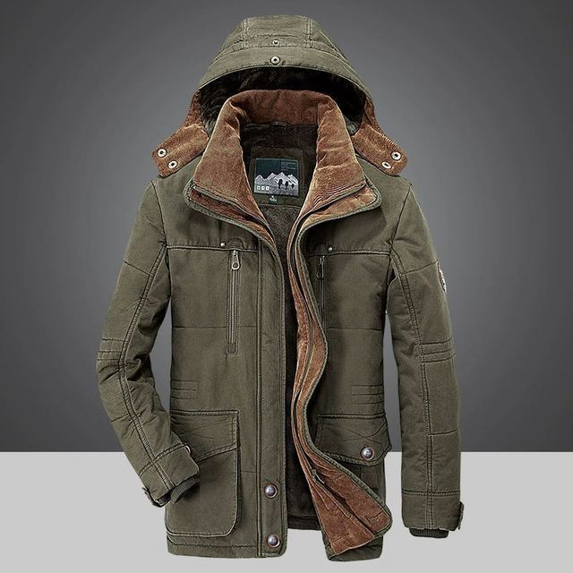 Men's dark winter hooded jacket with thick lining, windproof cut, and insulated warm design