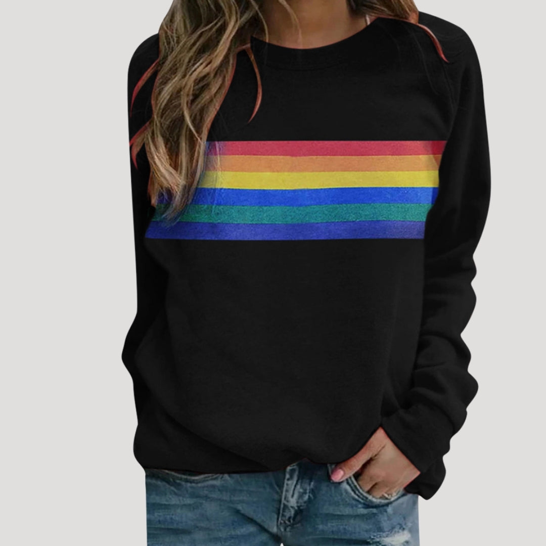 Women's rainbow stripe casual sweatshirt in multicolor spring design with relaxed everyday fit