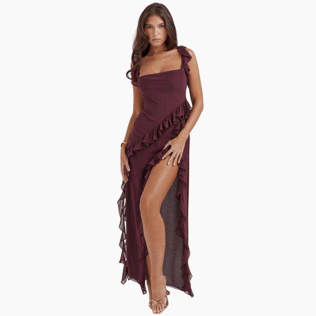Women's elegant floral maxi dress with high slit, ruffled detailing, chic summer occasion wear