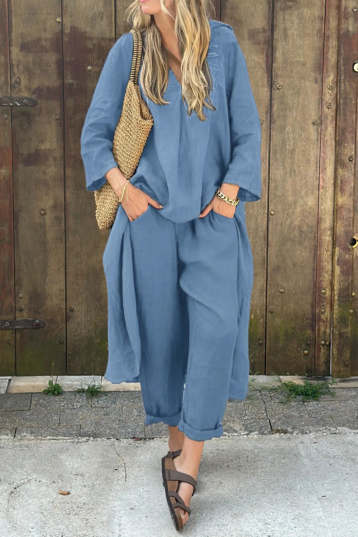 Women's relaxed two-piece tunic and pant set in a casual travel-ready style with loose comfortable fit