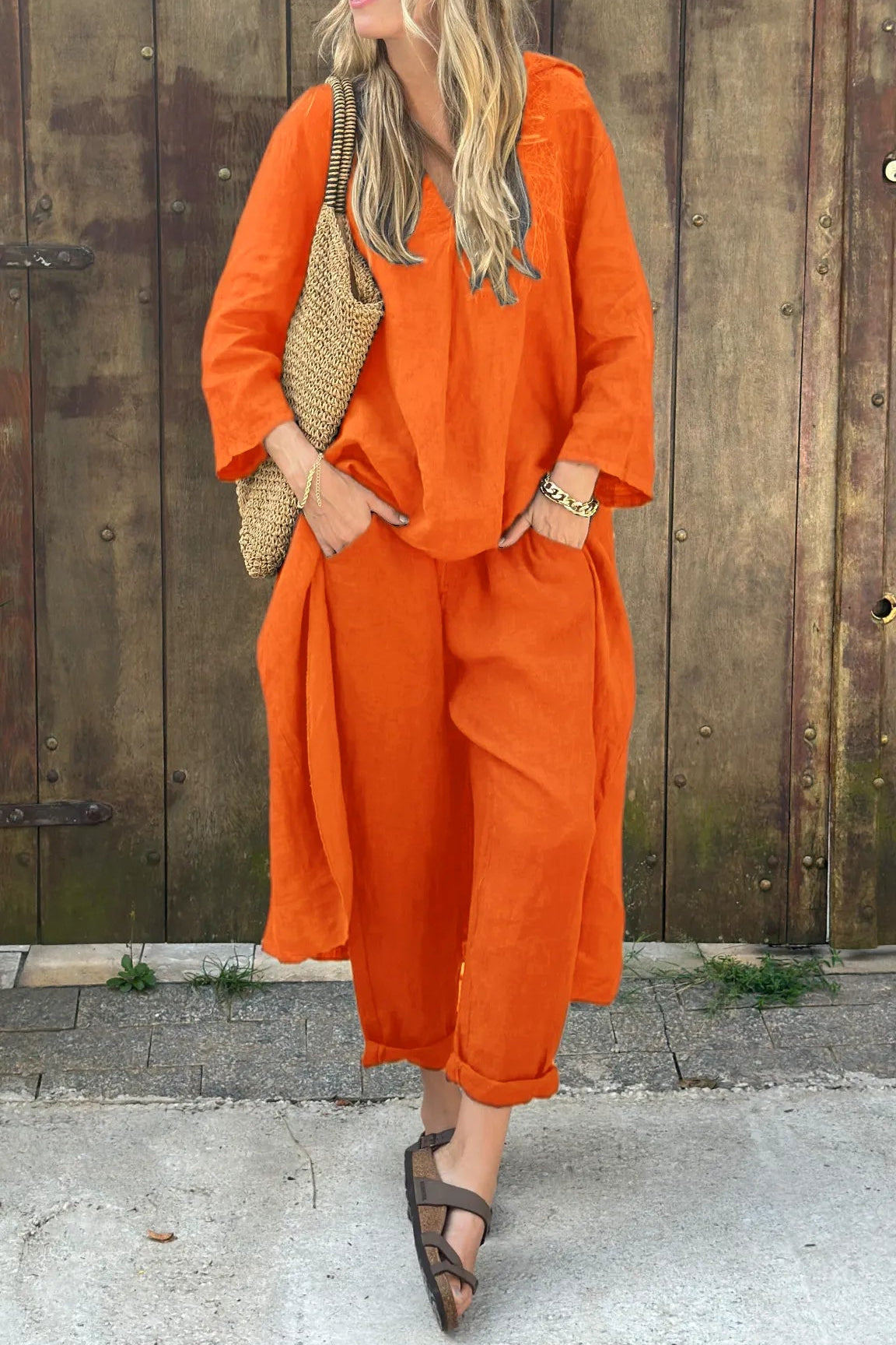 Women's relaxed two-piece tunic and pant set in a casual travel-ready style with loose comfortable fit