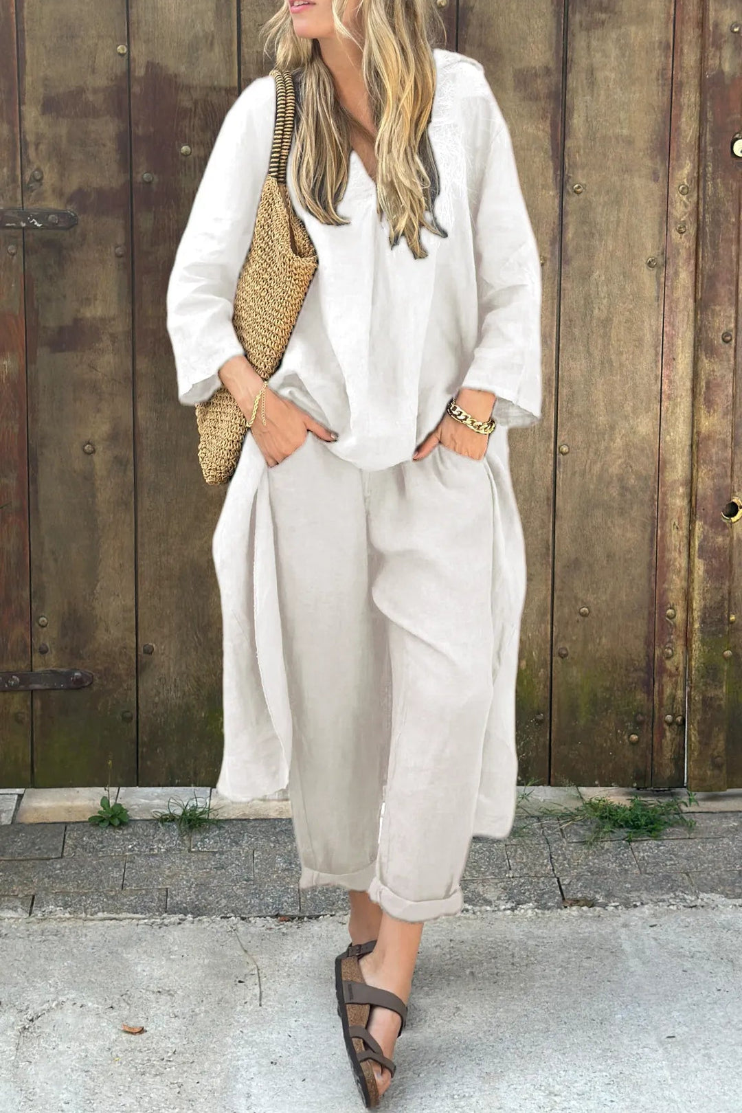 Women's relaxed two-piece tunic and pant set in casual travel style with loose comfortable fit