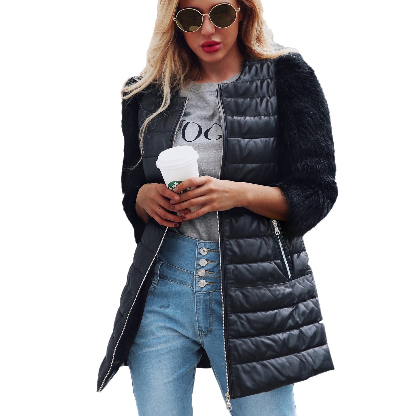 Women's long black faux leather coat with faux fur sleeves, chic knee-length winter jacket