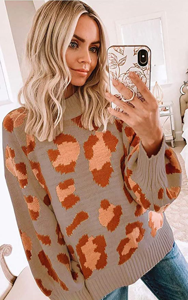 Women's leopard print wool blend crew neck sweater cozy oversized knit street style