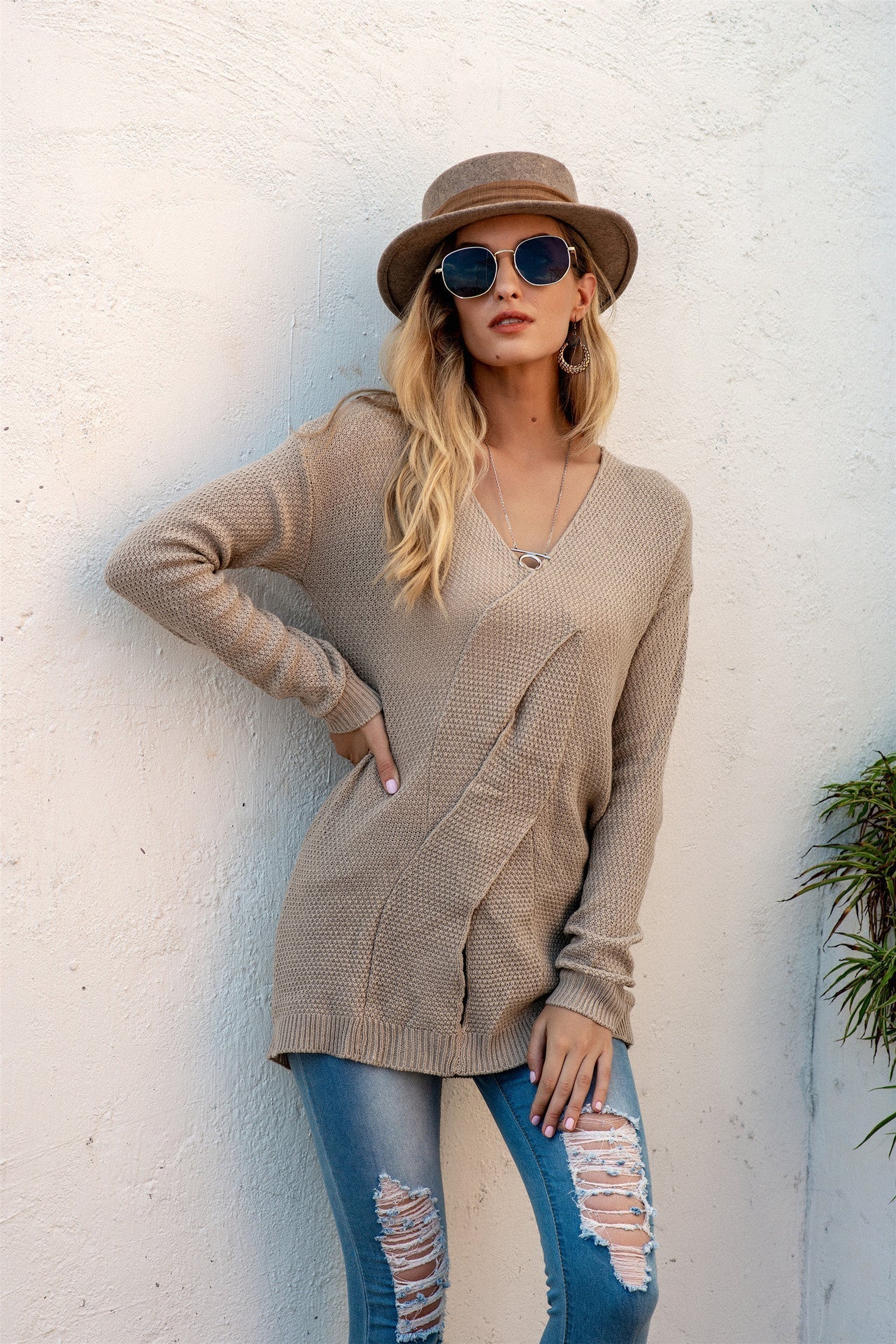 Women's oversized off-shoulder ribbed knit pullover with draped front detail, cozy chic long sleeve style