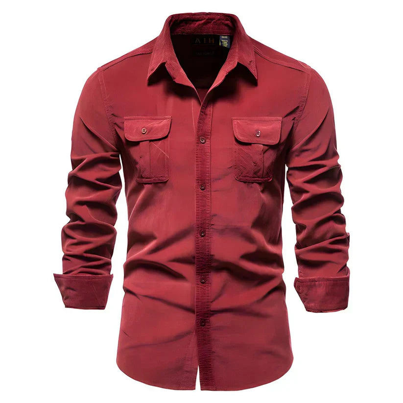 Men's brown corduroy shirt soft velvety texture smart casual layering essential warm modern fit