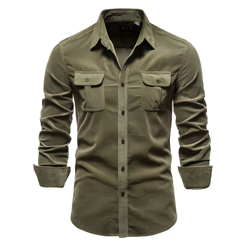 Men's brown corduroy shirt relaxed fit with soft velvety texture for casual smart casual layering
