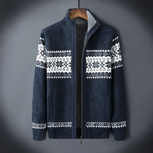 Men's wool full-zip sherpa lined cardigan with Fair Isle jacquard stand-up collar in classic winter tones