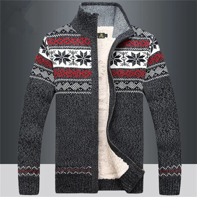 Men's wool full-zip sherpa lined cardigan with Fair Isle jacquard stand-up collar in classic winter tones