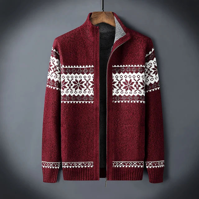 Men's wool full-zip sherpa-lined cardigan with Fair Isle jacquard stand-up collar in classic winter tones