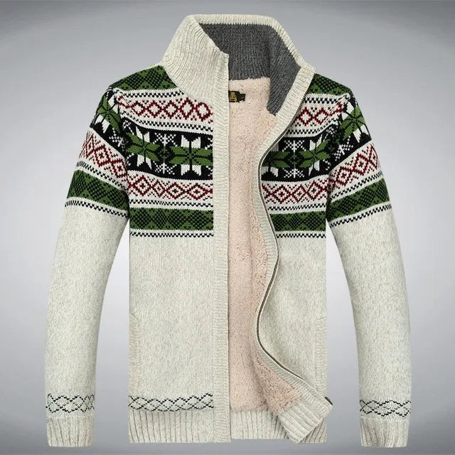 Men's wool full-zip sherpa lined cardigan Fair Isle jacquard stand-up collar warm winter sweater