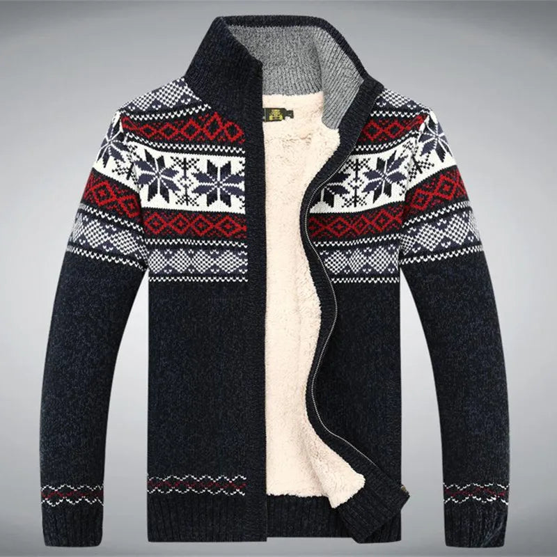 Men's wool full-zip sherpa-lined cardigan with Fair Isle jacquard stand-up collar in warm winter tones