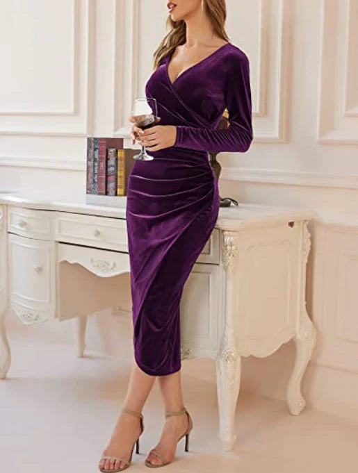 Women's midi velvet dress flowing silhouette elegant formal rich texture luxurious drape