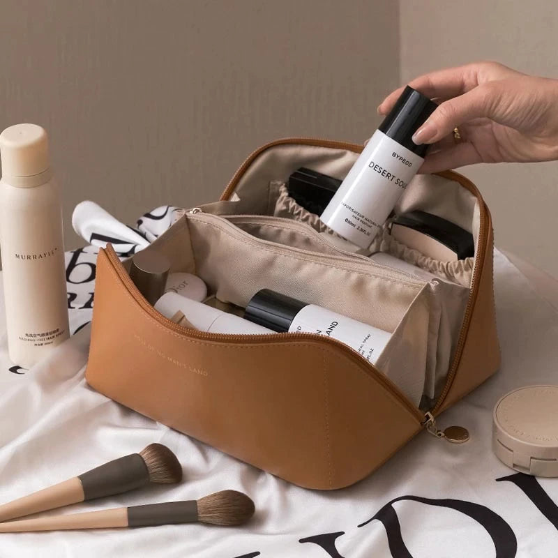 Wide-opening women's travel makeup bag cosmetic organizer clear layout easy access essentials