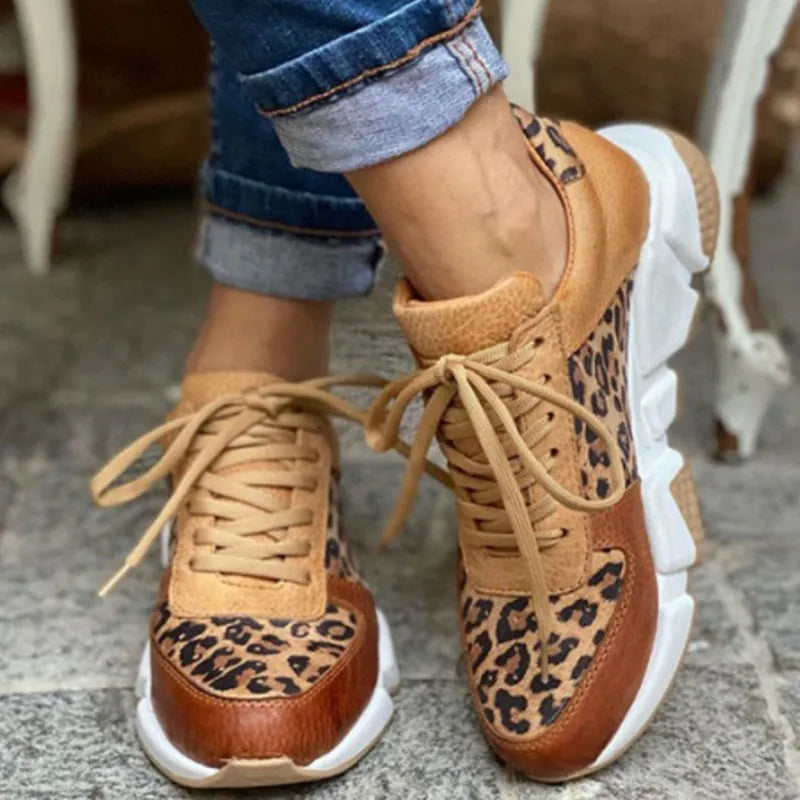 Women's leopard print casual shoes with thick flexible sole, all-season comfort and durable style