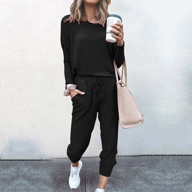 Women's casual drawstring lounge set matching two-piece relaxed fit with ribbed fabric texture