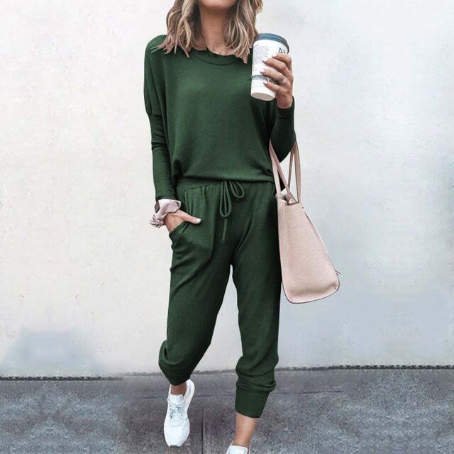 Women's casual matching lounge set with drawstring waist, relaxed fit two-piece in neutral tones