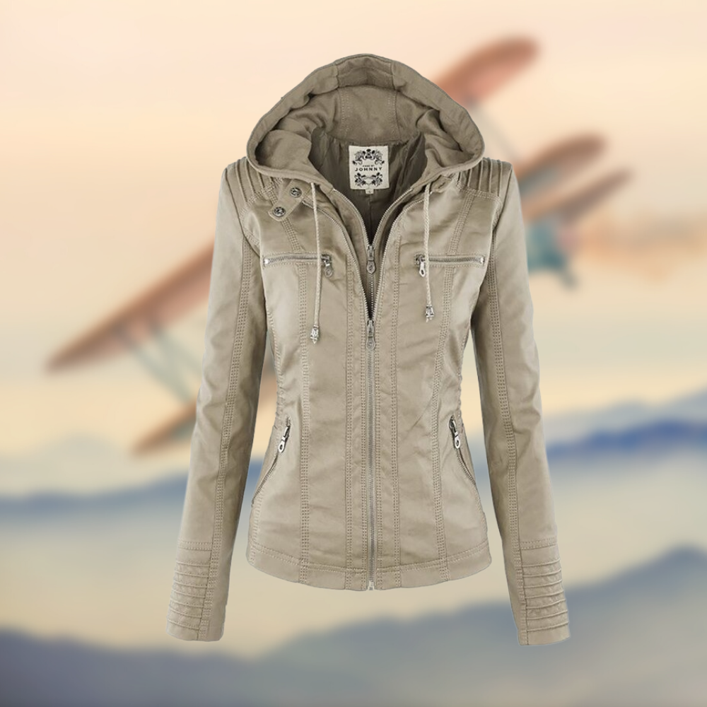 Women slim fit moto jacket bold zipper detailing sleek structured winter style modern edge