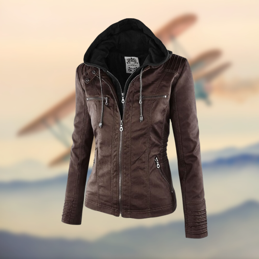 Women black slim fit moto jacket with sleek zipper detailing, bold structured style for winter fashion