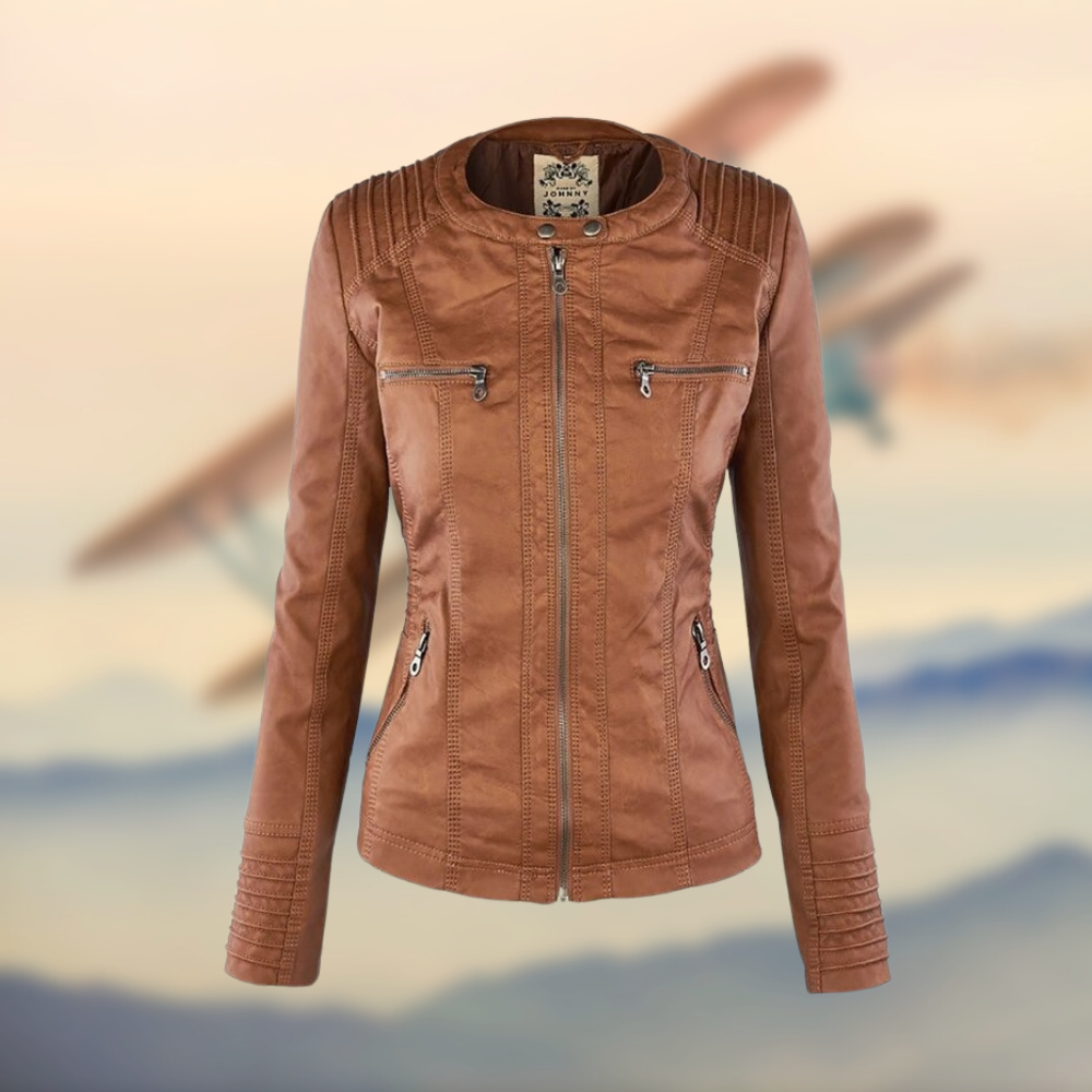 Women slim fit moto jacket black bold zipper detailing structured winter fashion edge