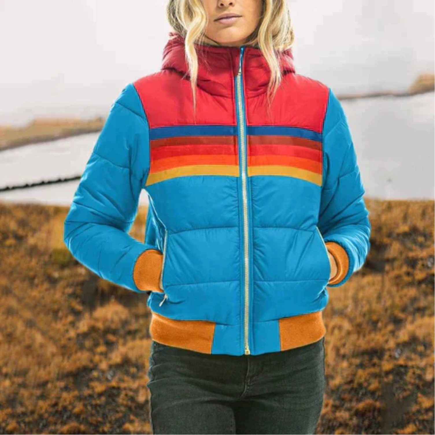 Women's winter puffer jacket black retro colorful stripes sporty silhouette front zipper modern style
