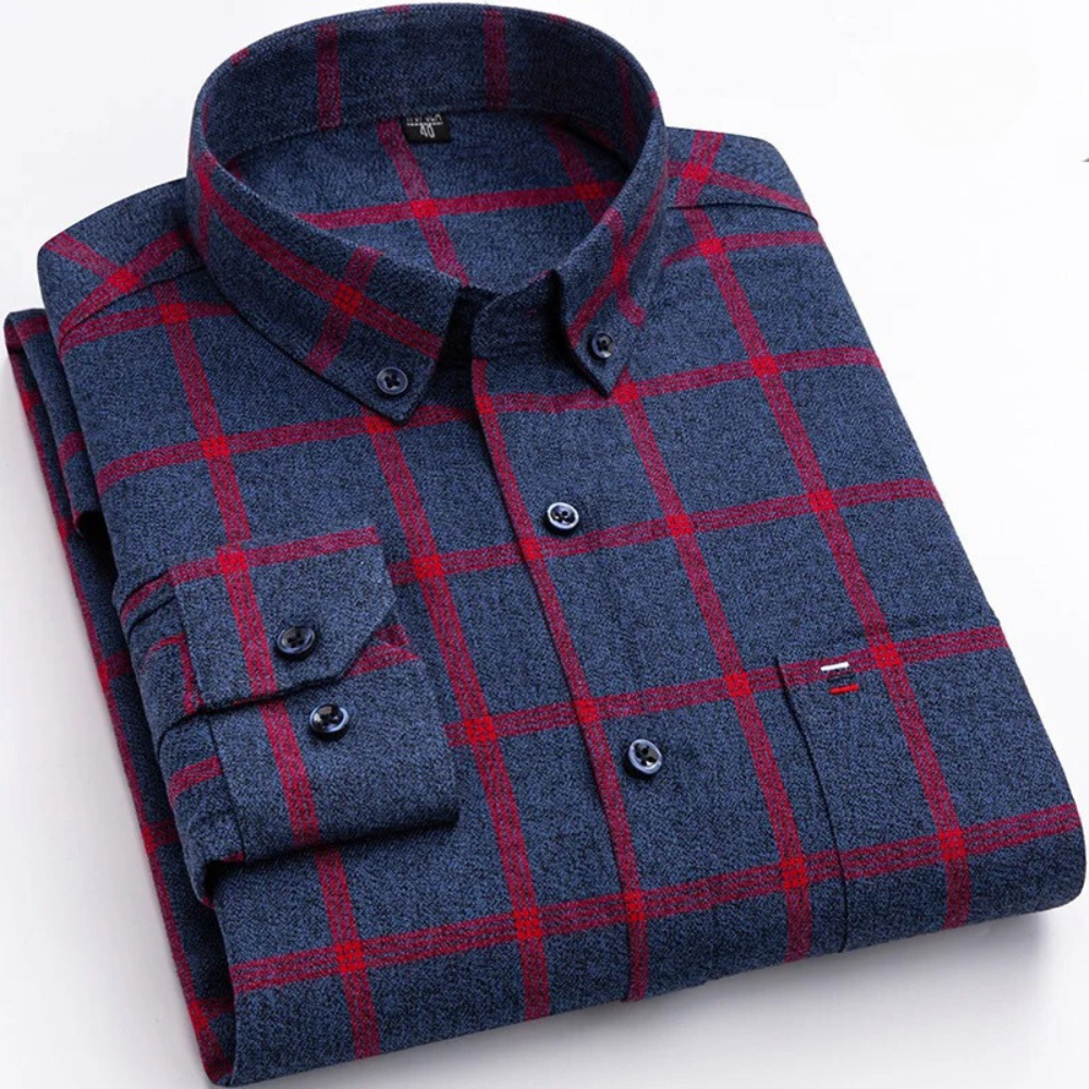 Men's blue checkered button-down shirt with classic plaid pattern, slim fit for casual and semi-formal wear