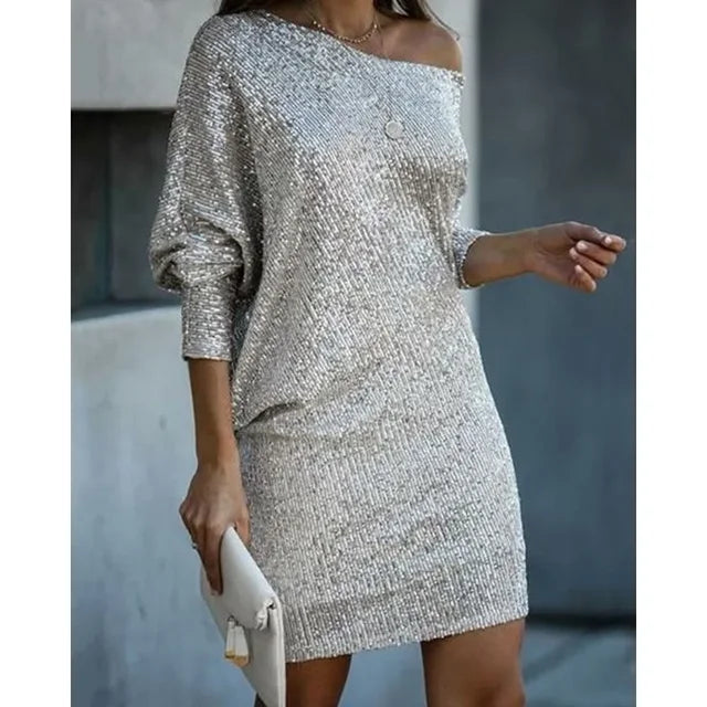 Women's Aria silver sequin mini party dress with all-over sparkling detailing and comfortable fitted silhouette