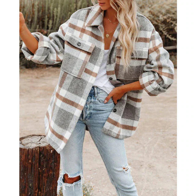 Women's wool blend plaid jacket oversized cozy fit with button front and chest pockets