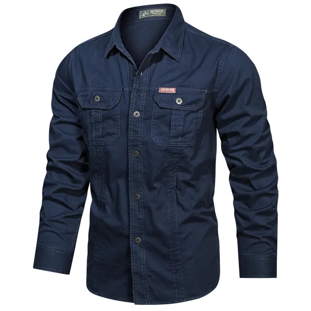 Men's olive cargo shirt with rugged multi-pocket design and durable cotton blend for everyday adventure