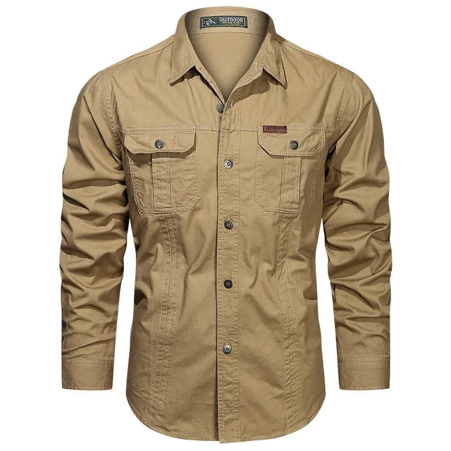 Men's olive cargo shirt relaxed fit with multiple utility pockets for rugged everyday adventure