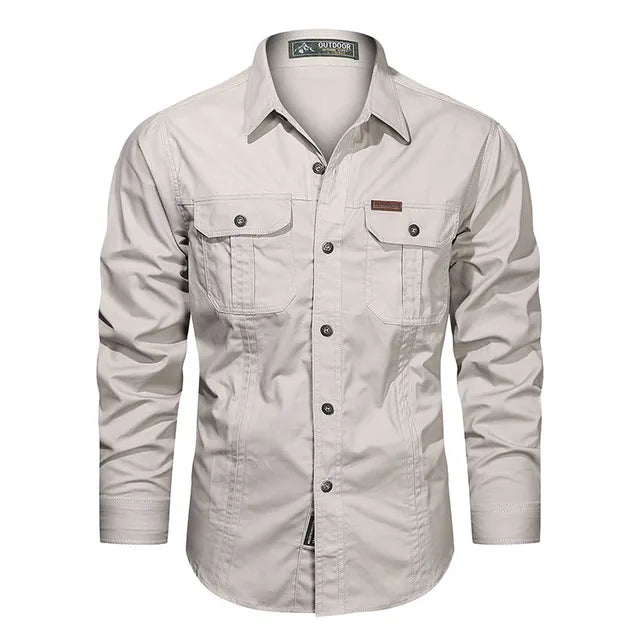 Men's olive cargo shirt with rugged multi-pocket design and durable cotton blend for everyday adventure