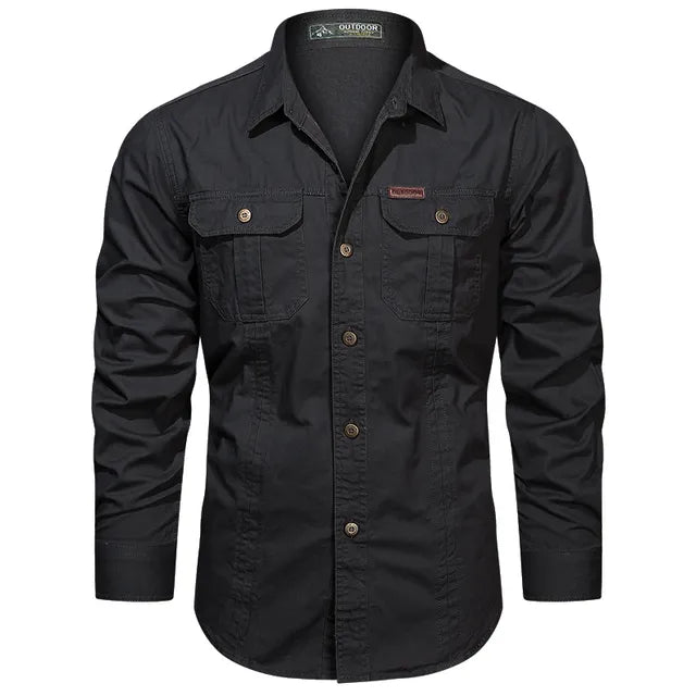 Men's olive green cargo shirt with rugged multi-pocket design and durable cotton blend for adventure