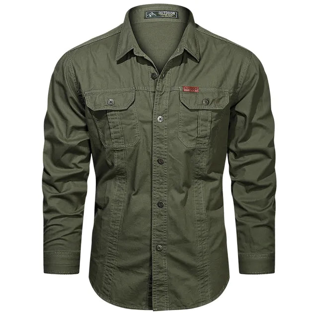 Men's olive green cargo shirt with rugged multi-pocket design and durable cotton blend for everyday adventure