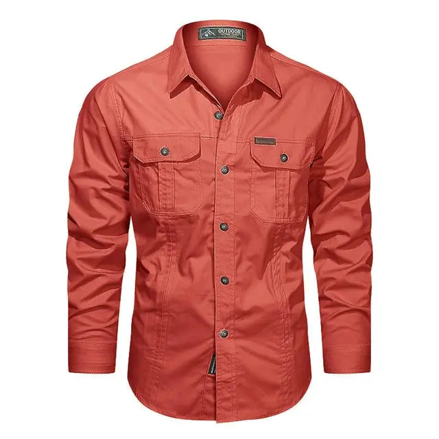 Men's olive cargo shirt with rugged multi-pocket design and durable cotton blend for outdoor adventure