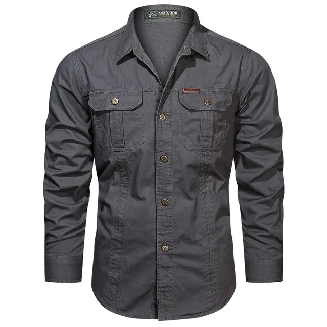 Men's olive cargo shirt relaxed fit with multiple utility pockets for rugged everyday adventure