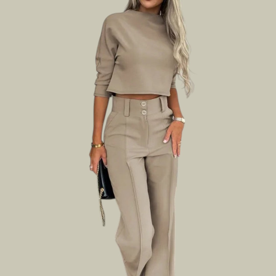 Women's high-waist wide-leg trouser set with cropped top, bold silhouette matching co-ord outfit